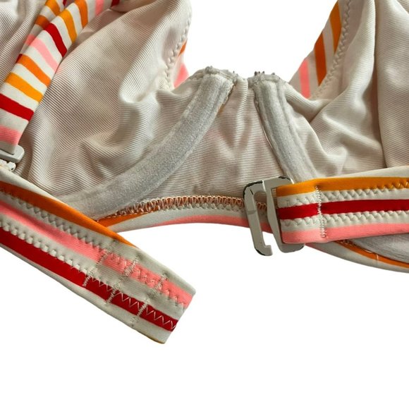 AERIE BIKINI TOP SMALL RED ORANGE CORAL WHITE STRIPED UNDERWIRE DEMI SWIM SUIT - Picture 4 of 6
